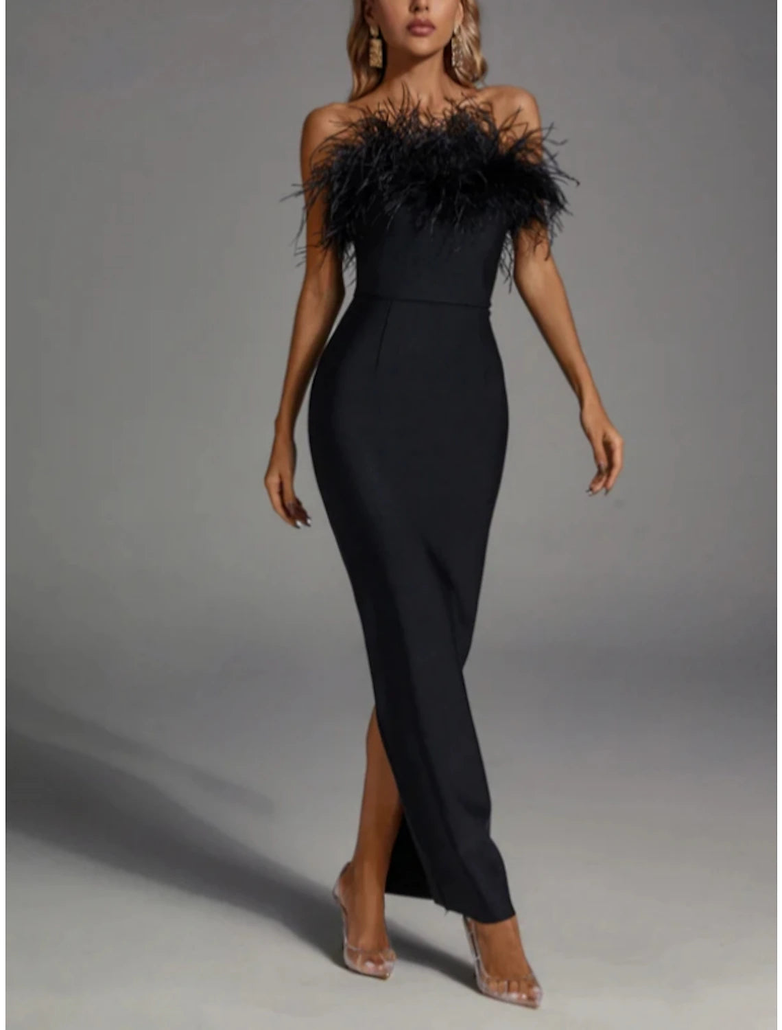 Women's Classic Outfit Black Sheath / Column Evening Gown Elegant Dress Formal Fall Ankle Length Sleeveless Strapless Stretch Fabric with Feather Slit