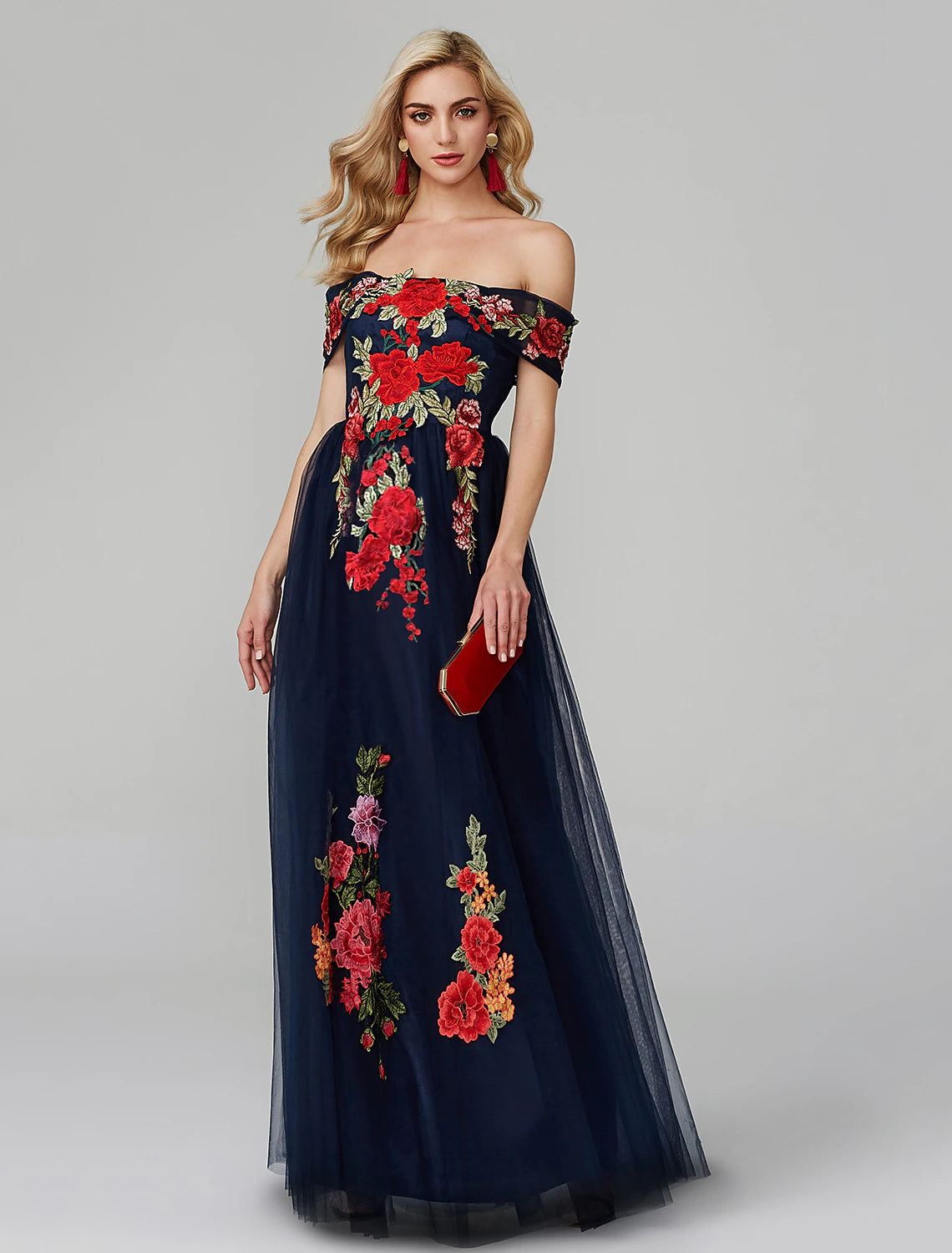 Chic Casual Wardrobe Essentials A-Line Prom Dresses Floral Dress Wedding Guest Floor Length Sleeveless Off Shoulder Lace Over Tulle with Embroidery Appliques