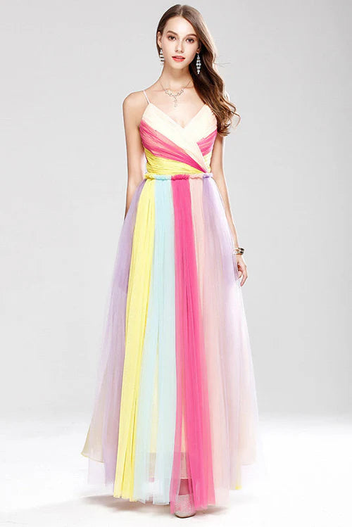 Casual Fashion Trends for Women Gorgeous Color Block Spaghetti Straps Prom Dress Evening Gown