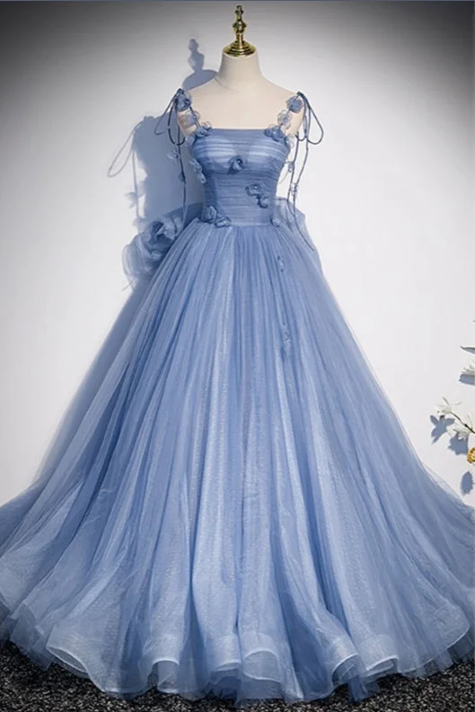 Plus-Size Women's Garments Fairytale Blue Flowers Long Tulle Ballgown Prom Dress With Bow