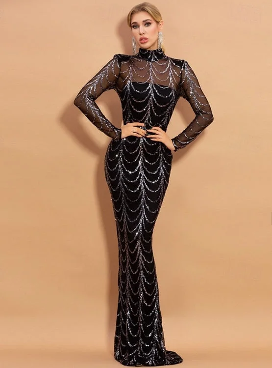 Women's Comfortable Apparel Mermaid / Trumpet Evening Gown Formal Floor Length Long Sleeve Illusion Neck Sequined with Glitter