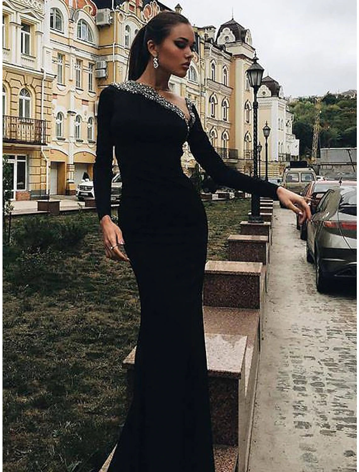 Women's Transitional Attire Mermaid / Trumpet Evening Gown Open Back Dress Engagement Cocktail Party Floor Length Long Sleeve V Neck Stretch Fabric with Crystals Beading