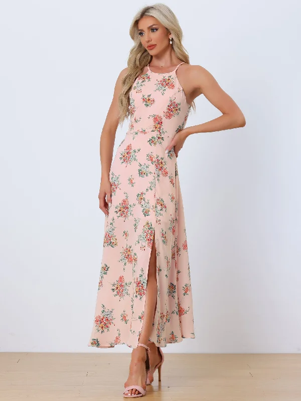 Casual Women's Clothing Online Sleeveless Floral Round Neck Slit Hem Summer Long Maxi Dress Sundress