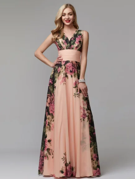 Women's Outfit A-Line Floral Prom Dress Floor Length Sleeveless V Neck Chiffon with Pattern Print