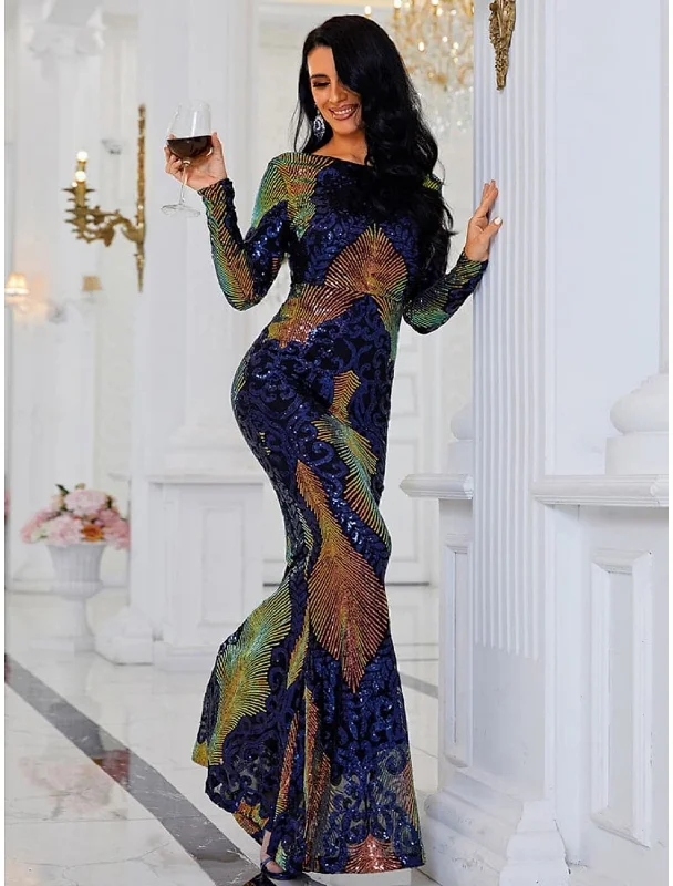 Women's Plus-Size Clothes Mermaid / Trumpet Evening Gown Elegant Dress Formal Sweep / Brush Train Long Sleeve Scoop Neck Sequined with Glitter Pleats