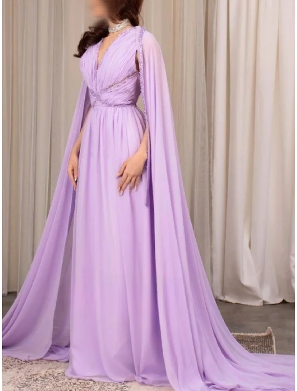 Elegant Women's Attire A-Line Evening Gown Elegant Dress Formal Fall Court Train Long Sleeve V Neck Chiffon with Pleats Sequin