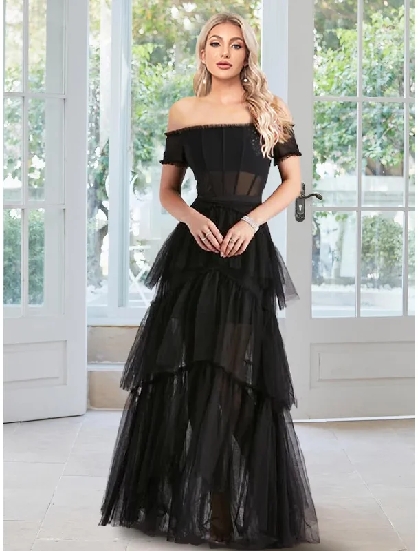 Women's Date Night Outfit Ball Gown Prom Dresses Corsets Dress Masquerade Floor Length Sleeveless Off Shoulder Tulle with Ruffles Pure Color