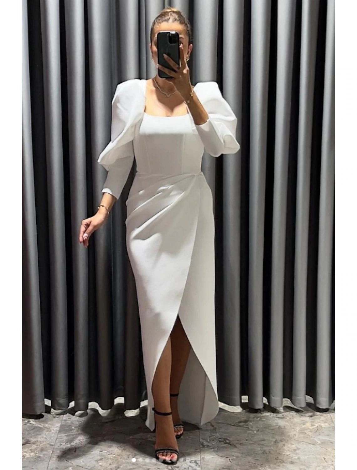 Women's Elegant Clothes Sheath / Column Evening Gown Elegant Dress Formal Fall Asymmetrical 3/4 Length Sleeve Square Neck Stretch Fabric with Ruched Slit