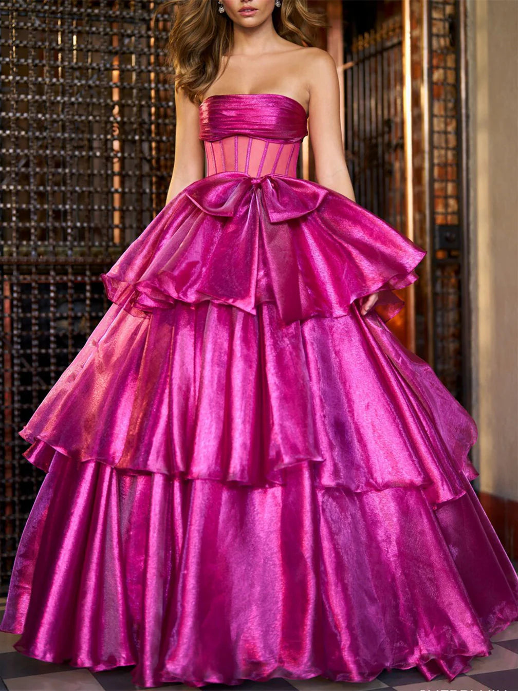 Women's Work Outfit A-Line Princess Fuchsia Ball Gown Strapless Floor-Length Evening Dresses with Ruffles