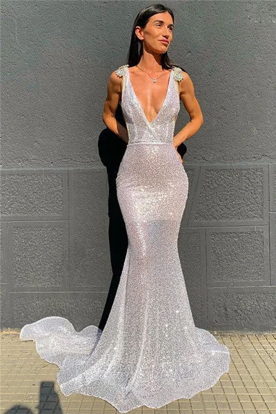 Seasonal Women's Fashion Trends Deep V-neck Sparkling Sequins Beading Chic Evening Gowns Backless Mermaid Sleeveless Prom Dresses With Court Train