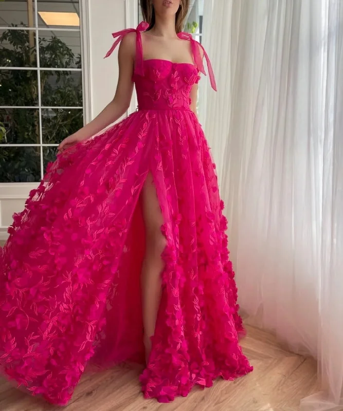 Affordable Women's Clothing Fuchsia Elegance Lace Prom Dress Women Gown Romance Tulle With Slit