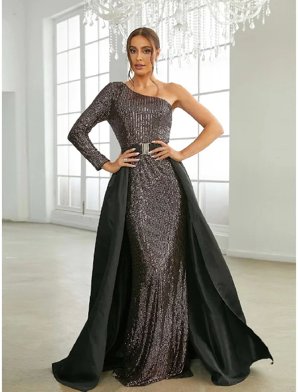 Women's Formal Clothes A-Line Evening Gown Elegant Dress Formal Sweep / Brush Train Long Sleeve One Shoulder Sequined with Glitter Pleats