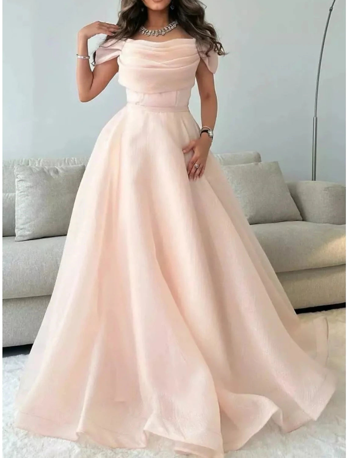 Formal Attire For Women A-Line Evening Gown Elegant Dress Formal Floor Length Short Sleeve Off Shoulder Tulle with Pleats Ruched