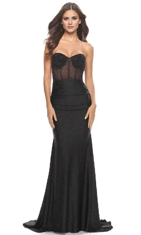 Women's Elegant Outfit Black Strapless Beaded Trumpet Gown Evening Dress Court Train Dresses