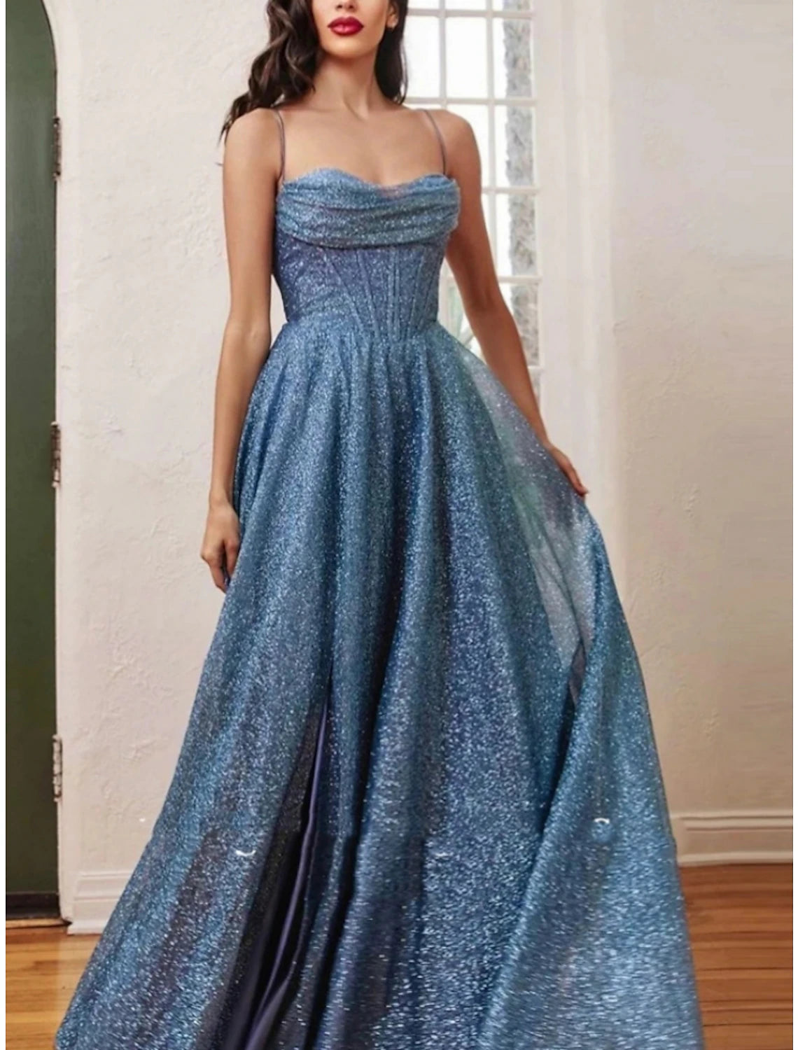 Women's Casual Attire A-Line Evening Gown Elegant Dress Formal Court Train Sleeveless Spaghetti Strap Sequined with Glitter Pleats Ruched