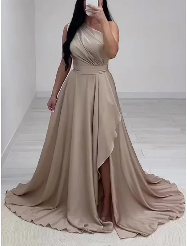 Women's Effortless Casual Outfit A-Line Evening Gown Elegant Dress Formal Chapel Train Sleeveless One Shoulder Charmeuse with Pleats Slit