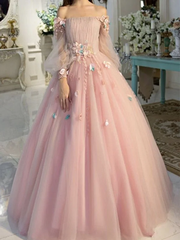 Women's Evening Wear Attire Ball Gown Off-the-Shoulder Tulle Long Sleeves Hand-Made Flower Floor-Length Dresses