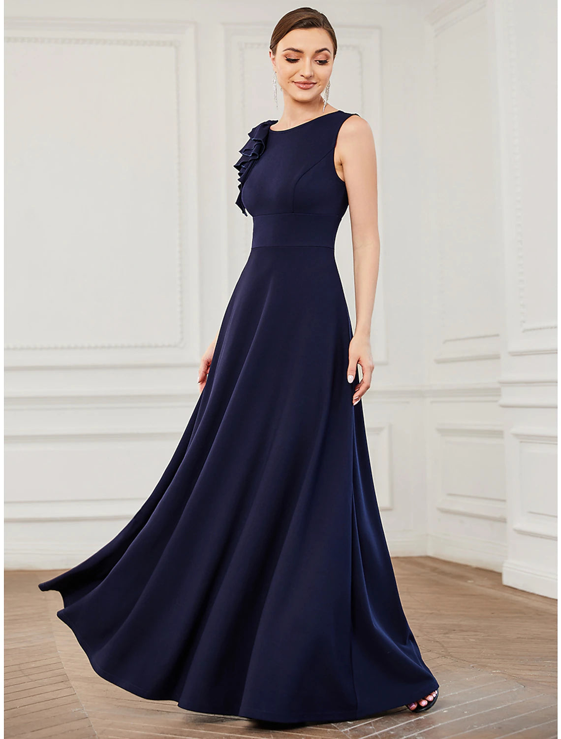 Vintage Women's Fashion A-Line Evening Gown Plus Size Dress Formal Floor Length Sleeveless Jewel Neck Polyester with Draping Appliques Pure Color