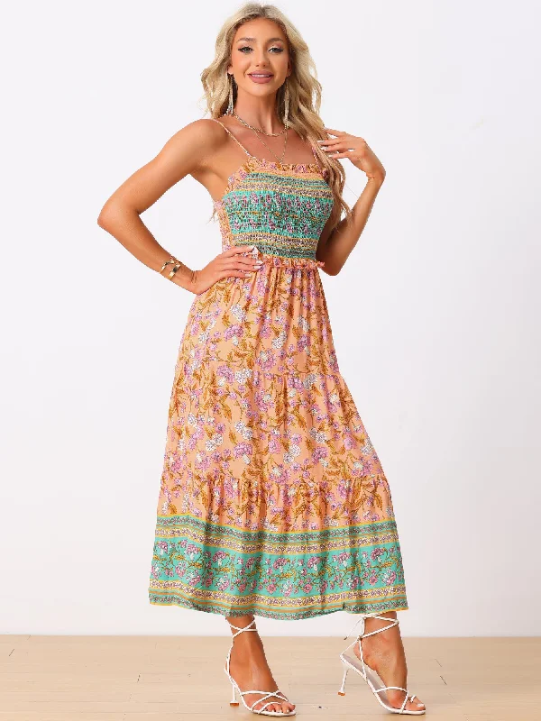 Women's Formal Wear Boho Floral Summer Spaghetti Strap A-Line Flowy Smocked Midi Dress Sundress