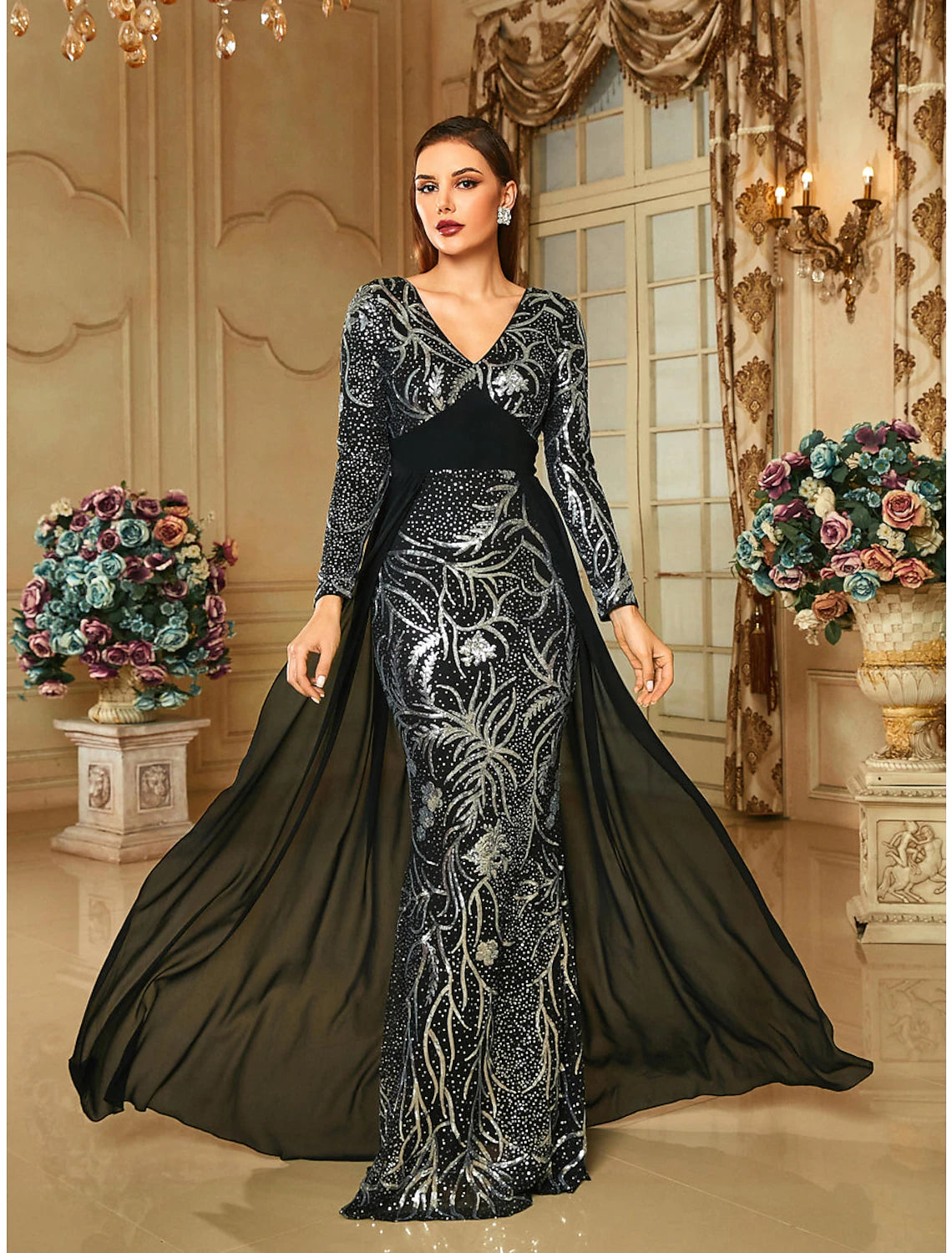 Women's Outfit For The Office Sheath / Column Evening Gown Elegant Dress Formal Sweep / Brush Train Long Sleeve V Neck Sequined with Glitter Pleats