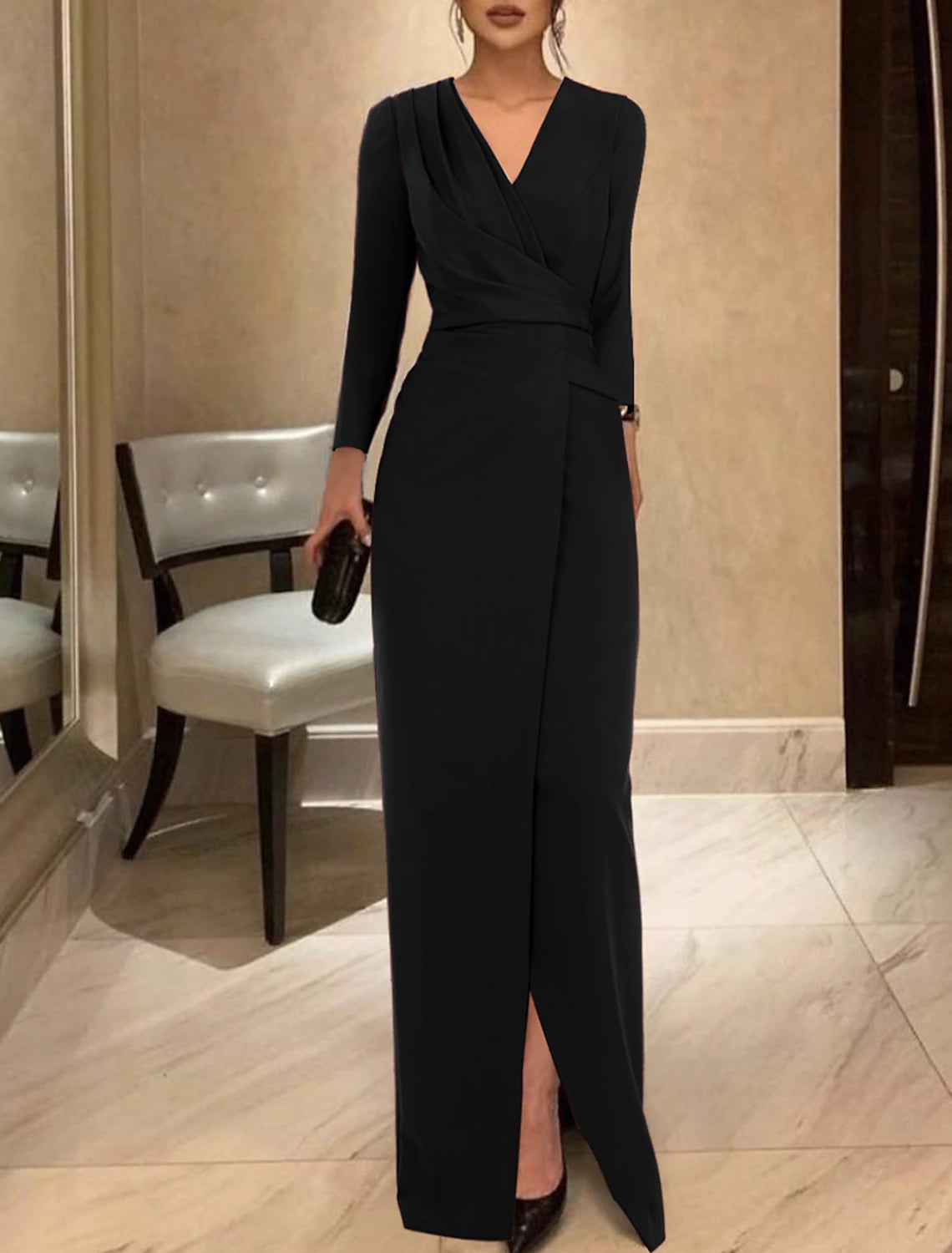 Women's Clothing for Every Occasion Sheath Black Dress Evening Gown Vintage Dress Formal Floor Length Long Sleeve V Neck Stretch Fabric with Ruched