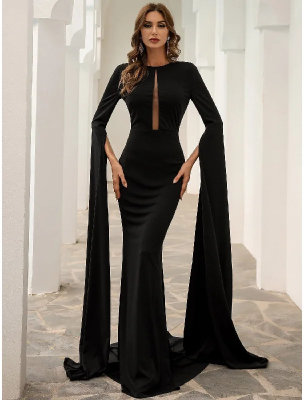 Women's Comfortable Lounge Attire Mermaid / Trumpet Evening Gown Elegant Dress Formal Fall Court Train Long Sleeve Jewel Neck Stretch Fabric with Pleats