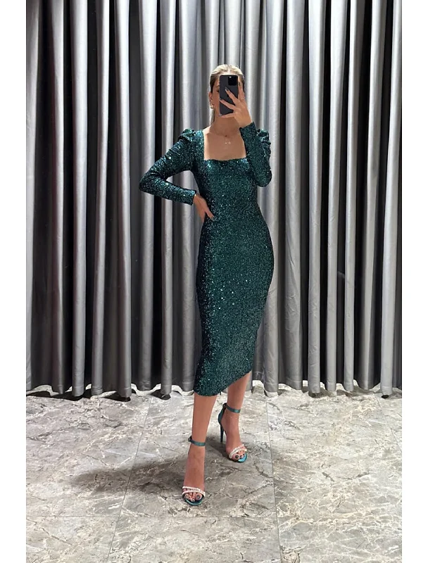 Casual Chic Women's Clothes Sheath / Column Evening Gown Elegant Dress Formal Fall Tea Length Long Sleeve Square Neck Sequined with Glitter Slit