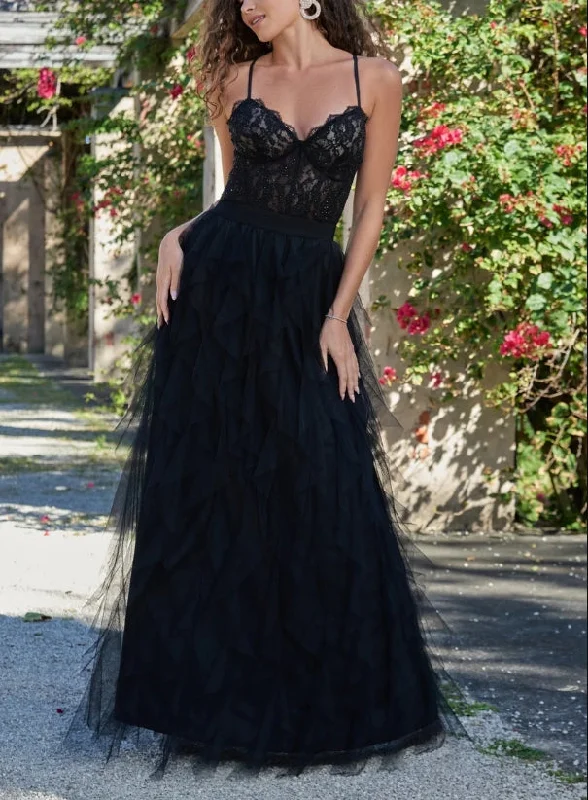 Affordable Fashion for Women Evening Dress Bodice Sexy Sheer Lace Lace up Open Back Floor Length Gown Ruffle Tulle Skirt Black Formal Dress