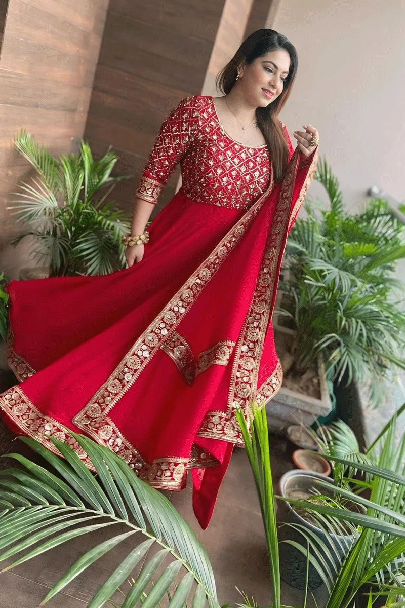 Casual Women's Clothing Online Heavy Flair Red Colour Gown For Karwa Chauth