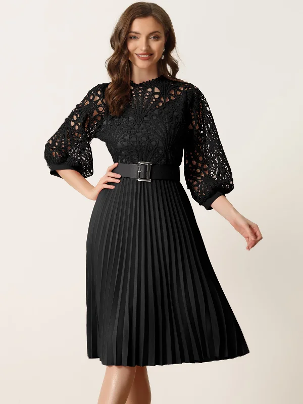 Women's Trendy Attire Floral Lace 3/4 Sleeve Belted Panel A-Line Pleated Dress