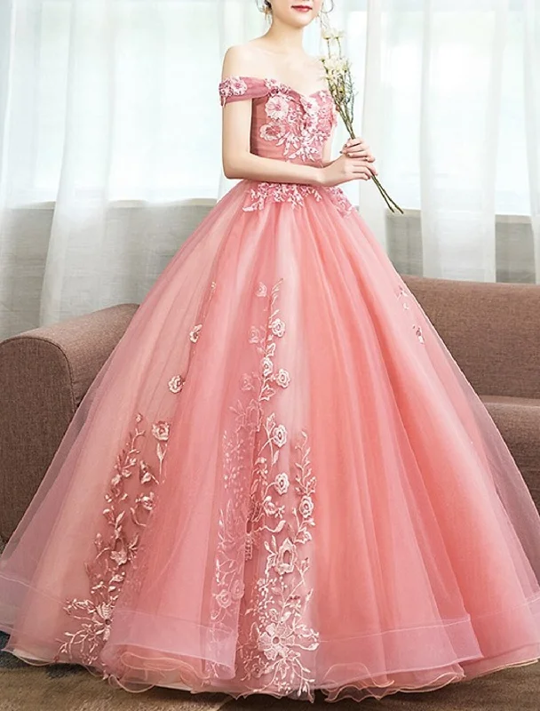 Women's High-Fashion Attire Ball Gown Quinceanera Dresses Princess Dress Floor Length Sleeveless Off Shoulder Polyester with Appliques