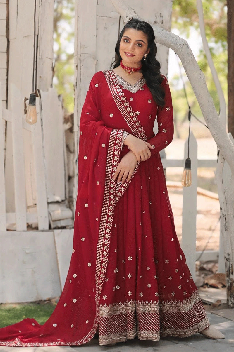 Affordable Women's Fashion Karwa Chauth Special Red Colour Gown For Women