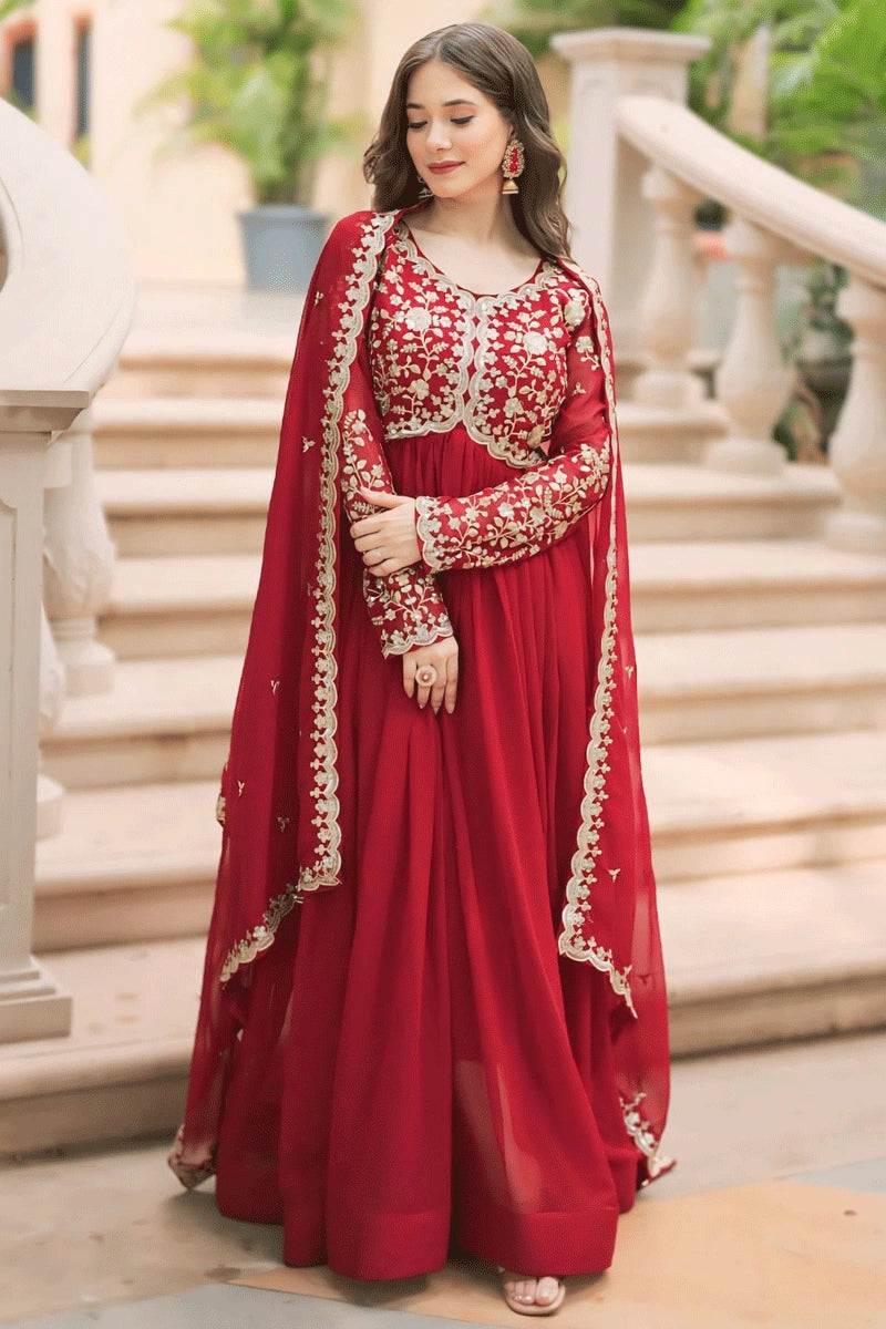 Sophisticated Women's Fashion Karwa Chauth Special Embroidered Work Red Gown