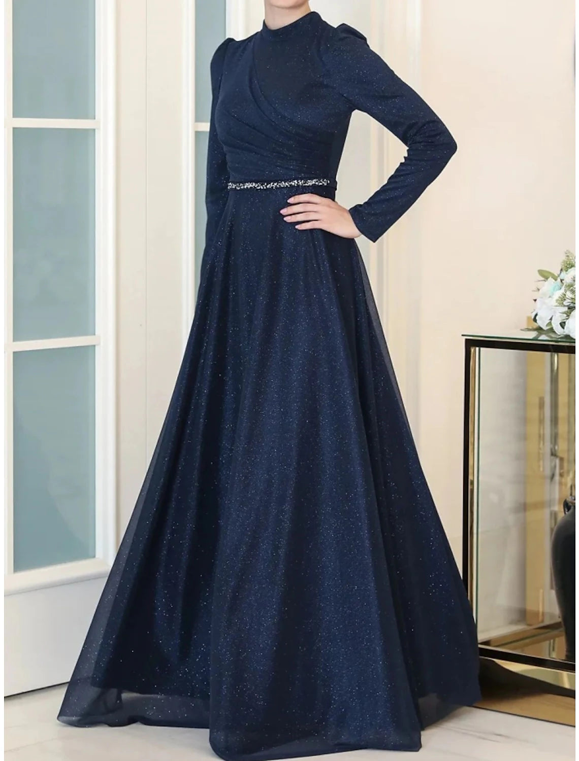 Stylish Women's Apparel A-Line Evening Gown Elegant Dress Formal Floor Length Long Sleeve High Neck Lurex Fabric with Rhinestone Pleats Ruched