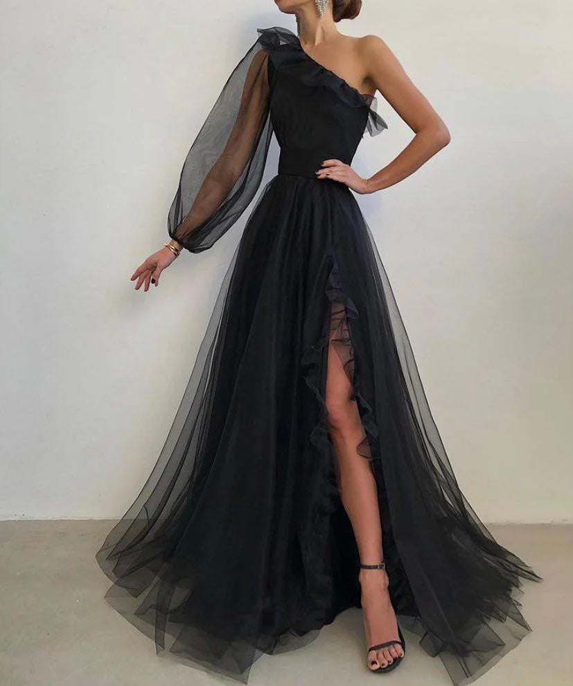 Women's Professional Garments One shoulder black tulle prom dress a line split formal gown event dresses