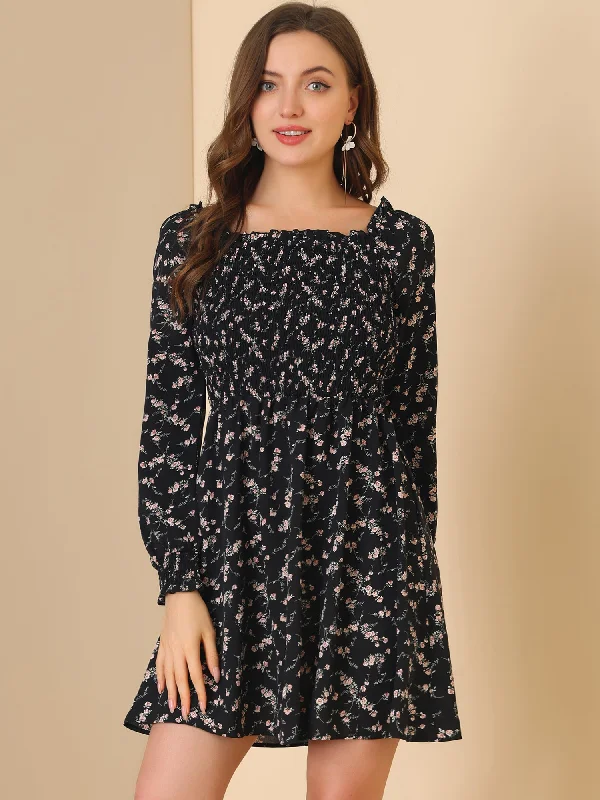 Women's Evening Clothes Mini Smocked Square Neck Long Sleeve Floral Print Dress