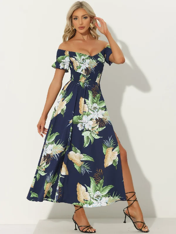 Women's Seasonal Fashion Trends Floral Off Shoulder Midi Beach Summer Vacation Dress