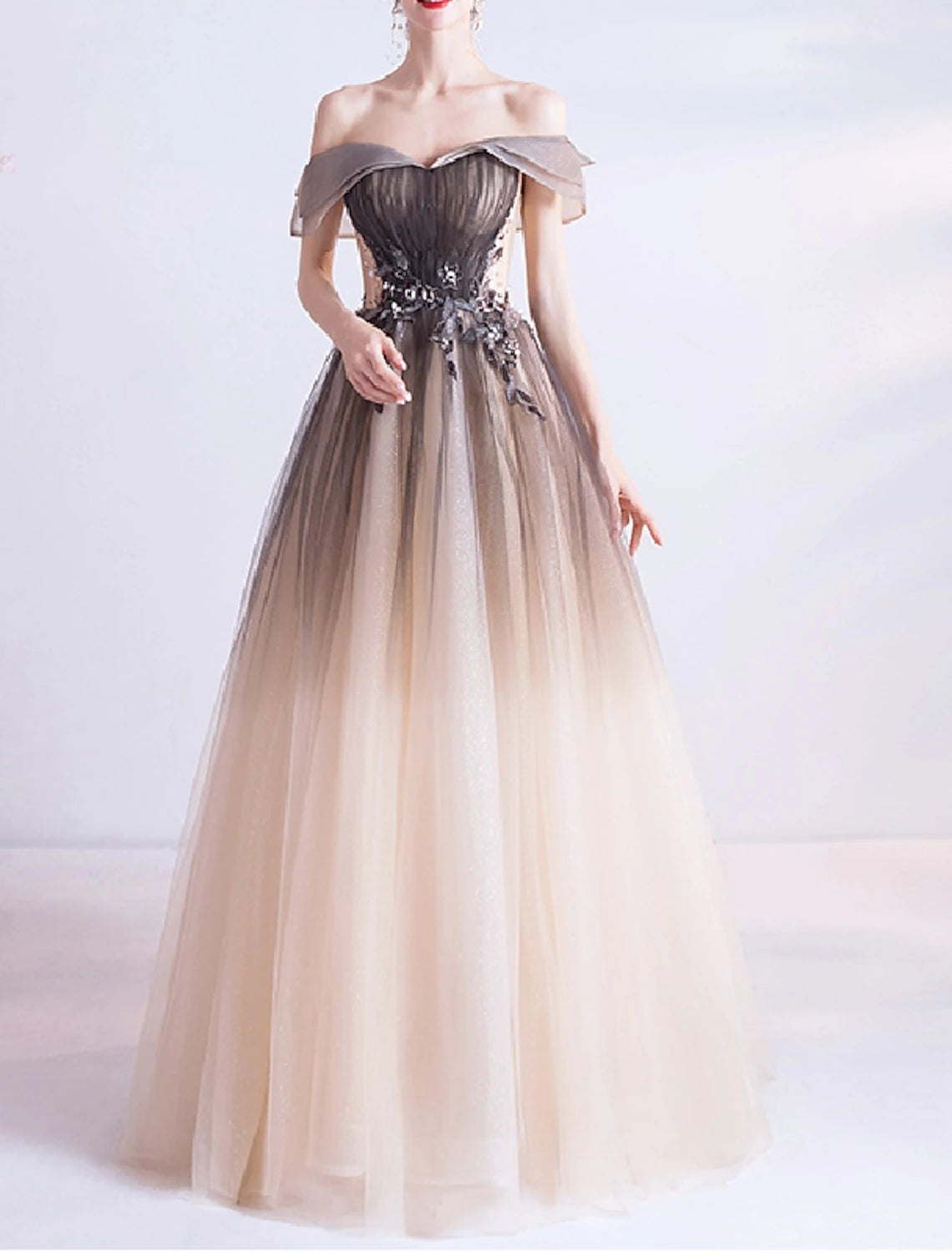 Casual Attire For Women Ball Gown Princess Prom Dress Off Shoulder Sleeveless Floor Length Tulle with Crystals Appliques