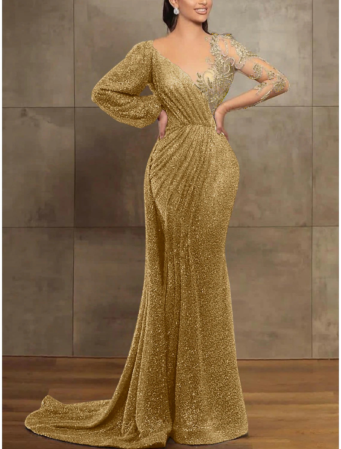 Chic Women's Clothing Sequin Mermaid  Gown Elegant Formal Dress Court Train Long Sleeve Illusion Neck Sequined with Pleats Evening Dress