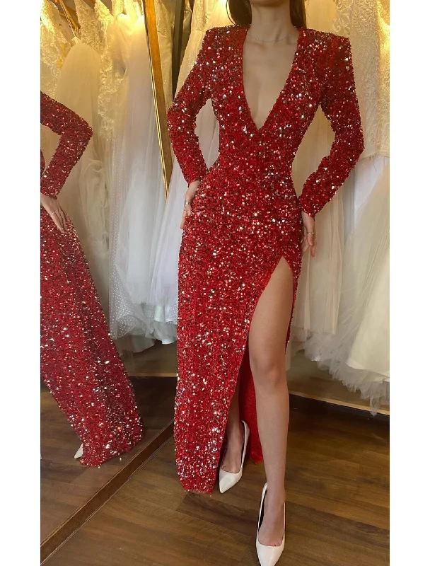 Women's Clothing Outfit Set Mermaid / Trumpet Evening Gown Sparkle Dress Formal Christmas Floor Length Long Sleeve V Neck Sequined with Ruched Sequin Slit