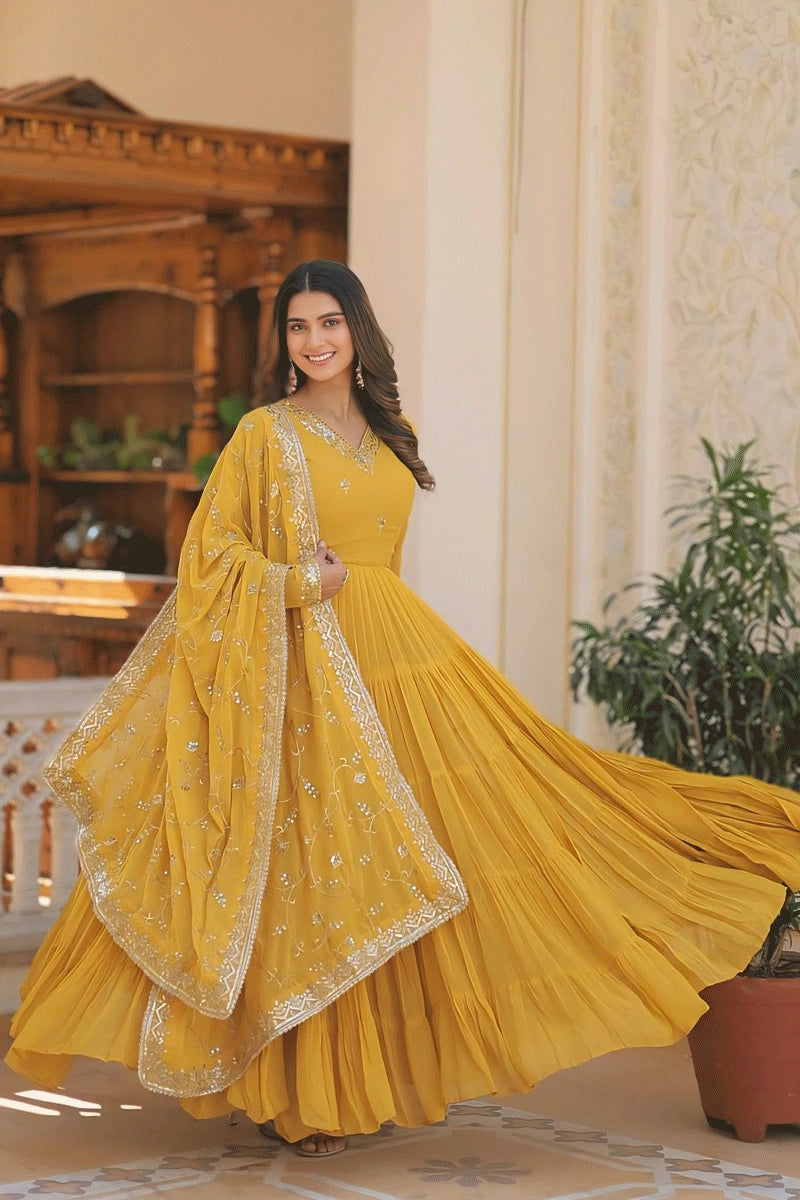 Effortless Chic for Women 5 Layer Yellow Colour Gown For Diwali Special Outfits