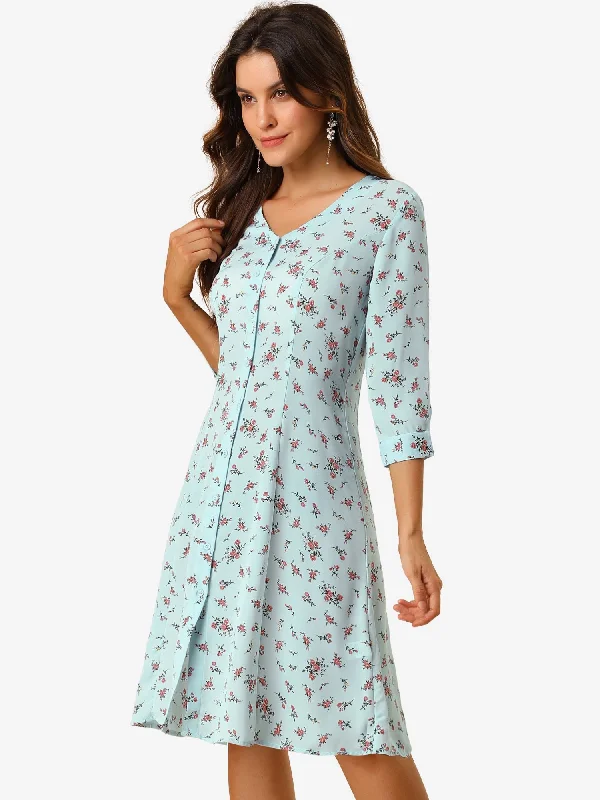 Classic Women's Apparel Floral Vintage V Neck 3/4 Sleeve Flare Button Front Midi Dress