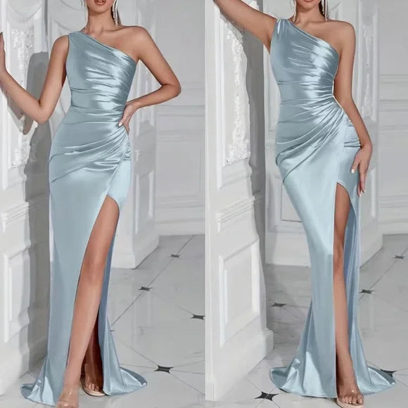 Women's Evening Garments Luxe baby blue one shoulder slit thigh party formal prom gown dress