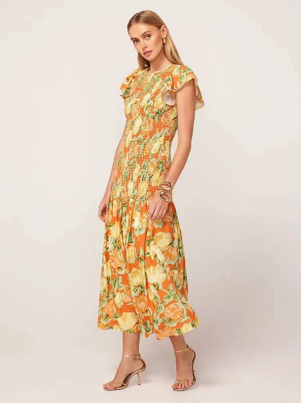 Women's Transitional Garments Jemima Apricot Painted Floral Print Shirred Maxi Dress