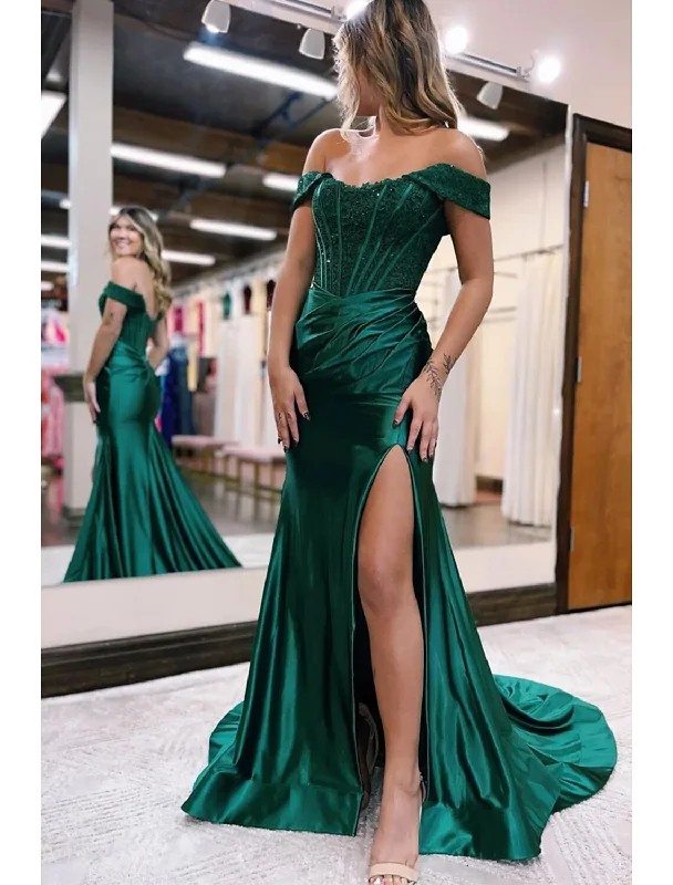 Women's Cozy Winter Attire Mermaid / Trumpet Evening Gown Empire Dress Formal Prom Court Train Sleeveless Off Shoulder Imitation Silk with Slit Appliques