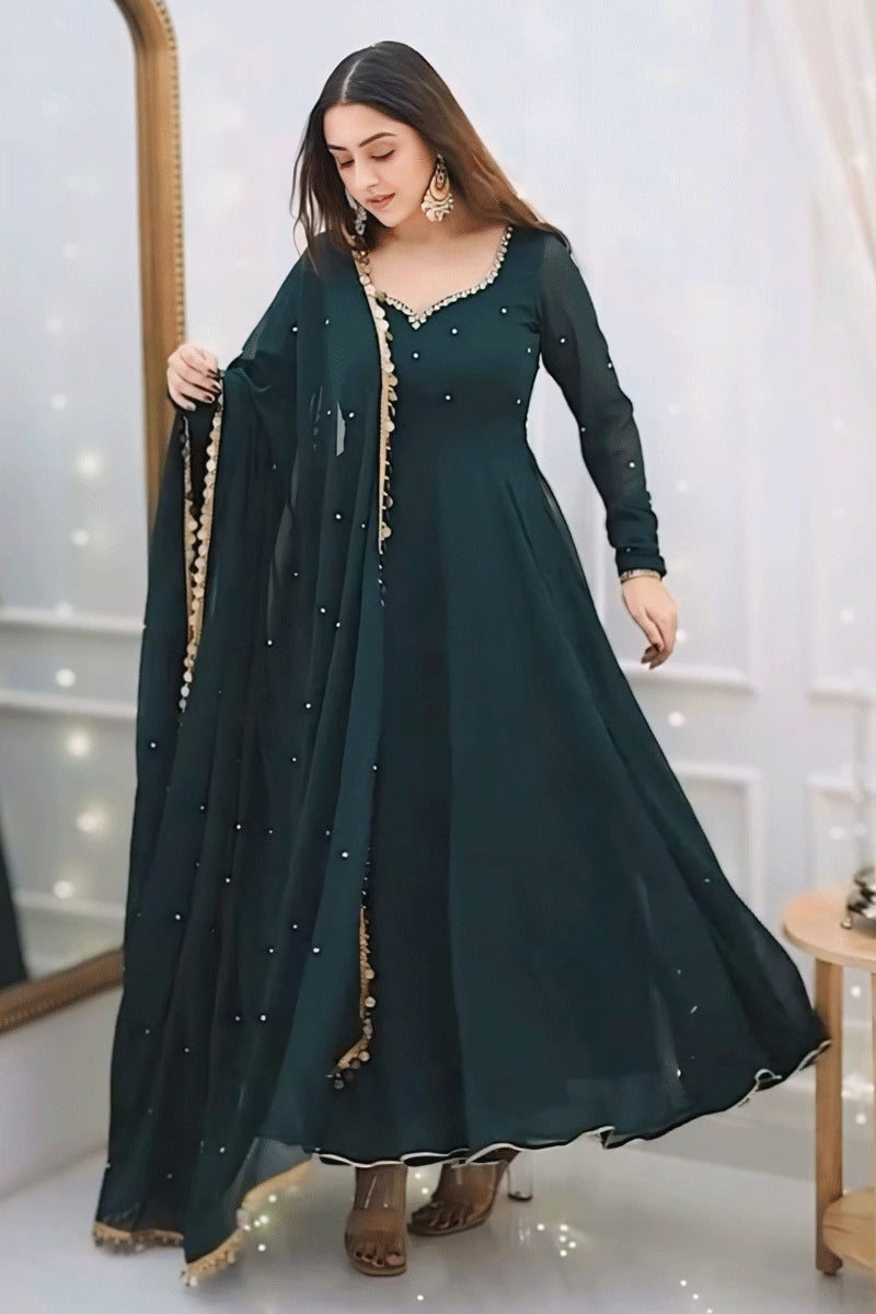 Stylish Loungewear for Women Green Gown With Dupatta For Mehendi Function