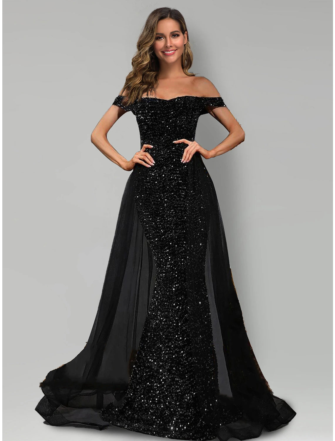 Women's Sporty Chic Clothes Mermaid / Trumpet Evening Gown Sparkle & Shine Dress Formal Black Tie Sweep / Brush Train Sleeveless Off Shoulder Tulle with Sequin