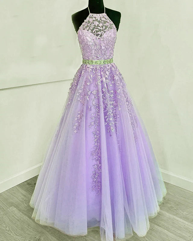 Women's Occasion Wear Clothes Halter Prom Dresses Tulle Ball Gown Appliques A-Line Princess