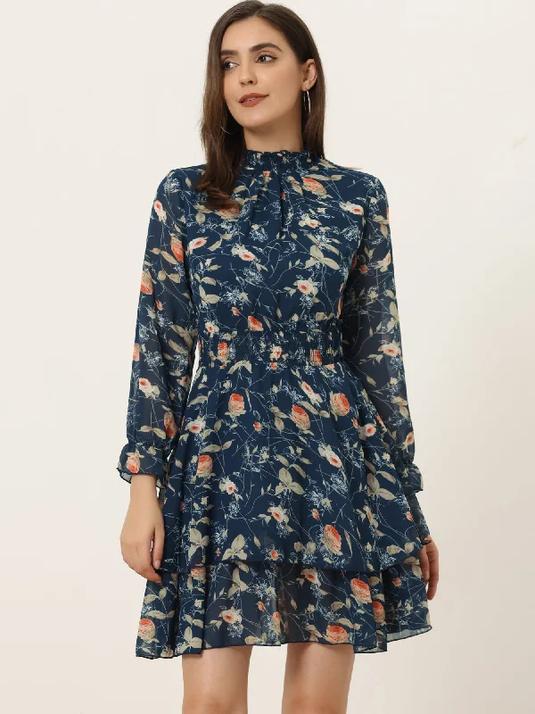 Women's Transitional Outfit Floral Chiffon Long Sleeve Mock Neck Ruffle Layered Mini Dress