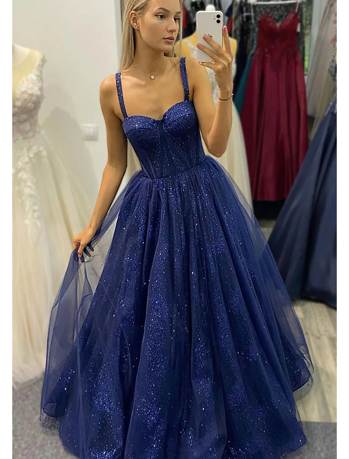 Women's Sporty Clothes Ball Gown A-Line Prom Dresses Sparkle & Shine Dress Formal Prom Floor Length Sleeveless Sweetheart Tulle Backless with Glitter Pleats